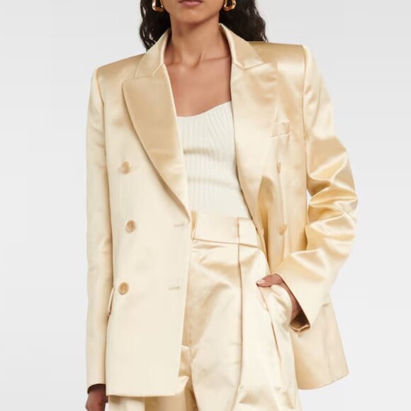 KHAITE 'Nathan' Double-Breasted Satin Blazer Jacket, Ecru - Picture 2 of 6
